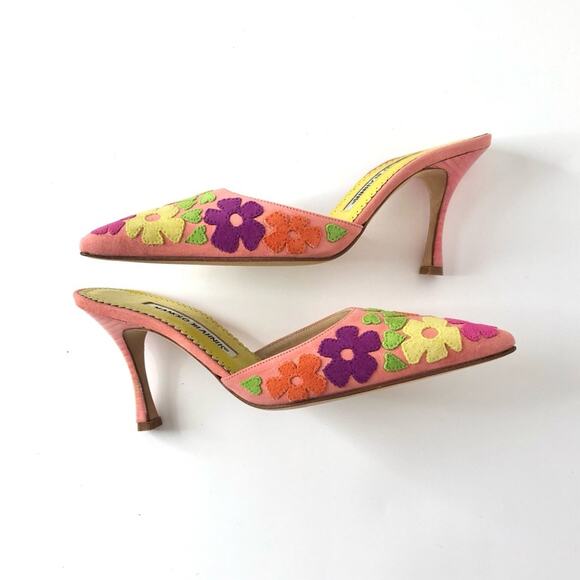 NIB Vintage Manolo Blahnik Floral Pastel Pointed Toe Heeled Mule Pumps 35.5 - Picture 4 of 7